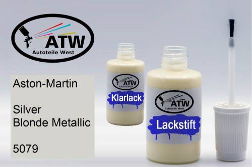 Aston-Martin, Silver Blonde Metallic, 5079: 20ml Lackstift + 20ml Klarlack - Set, von ATW Autoteile West.